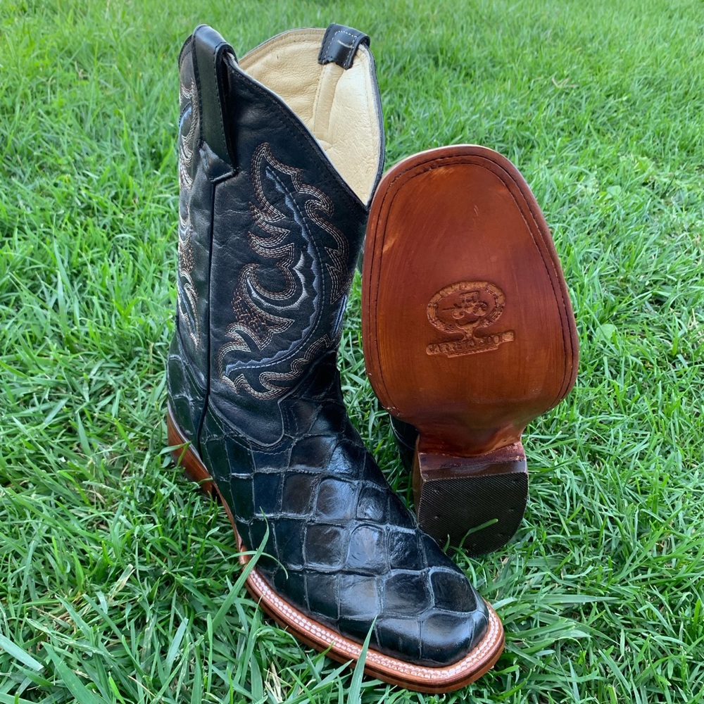 Men's Western Rodeo Fish Print piraruco Square Toe CowBoy Boots Bota Vaquera 721